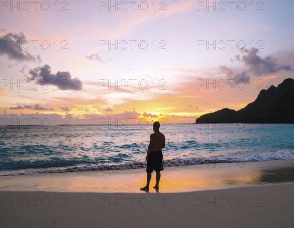 Man on the beach art poster, distant silhouette print symbolizing reflection, solitude, and harmony with nature, AI generated
