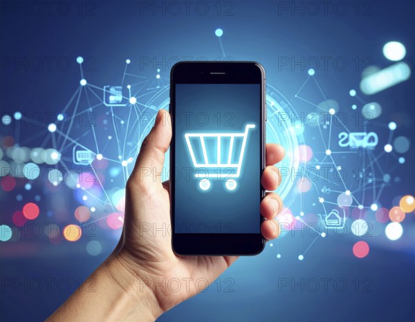 Hand holding smartphone glowing shopping cart icon poster symbolizing online shopping, e-commerce, and futuristic digital commerce, AI generated