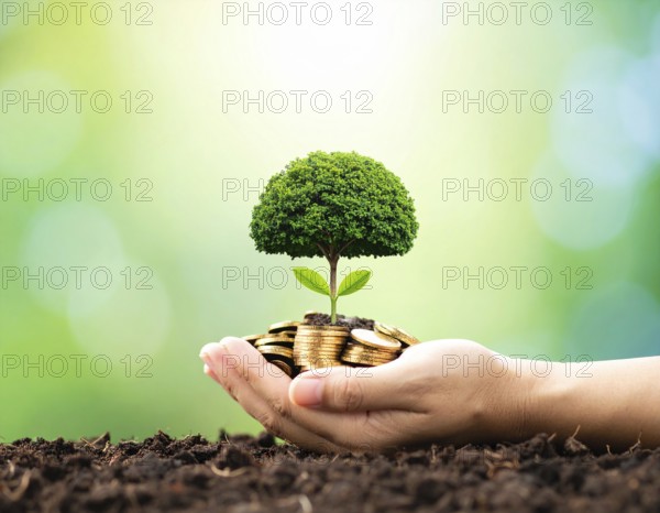 Coins with seedling eco saving concept image symbolizing financial growth, sustainable development, green economy, and prosperity, AI generated