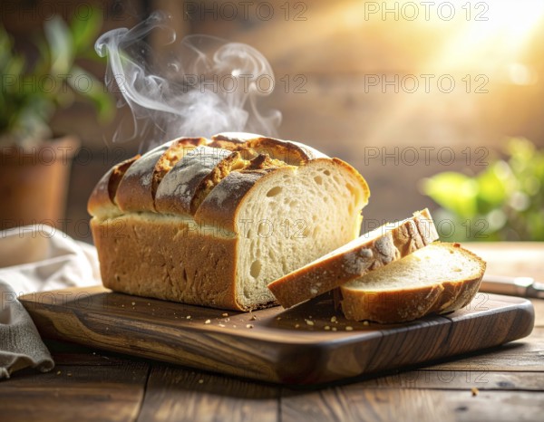 Fresh baked bread steaming on rustic wooden background, symbolizing artisanal baking, tradition, warmth, and homemade food photography, AI generated
