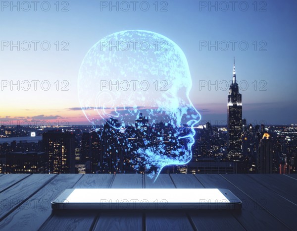 Futuristic AI chatbot hologram floating, symbolizing digital communication, smart assistance, and innovative technology, AI generated