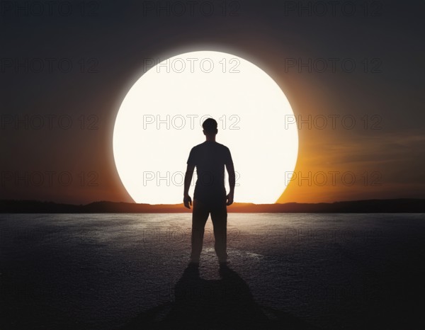 Man silhouette against giant glowing sun symbolizing inspiration, destiny, reflection, cosmic power, and natural wonder, AI generated