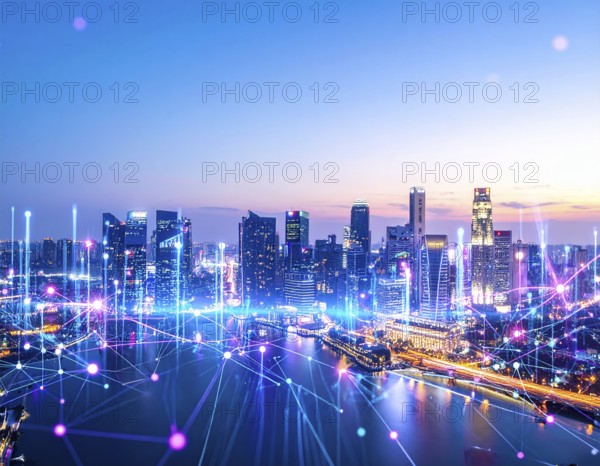 A futuristic smart city skyline illuminated with neon lights, symbolizing technology, innovation, and advanced digital urban life, AI generated