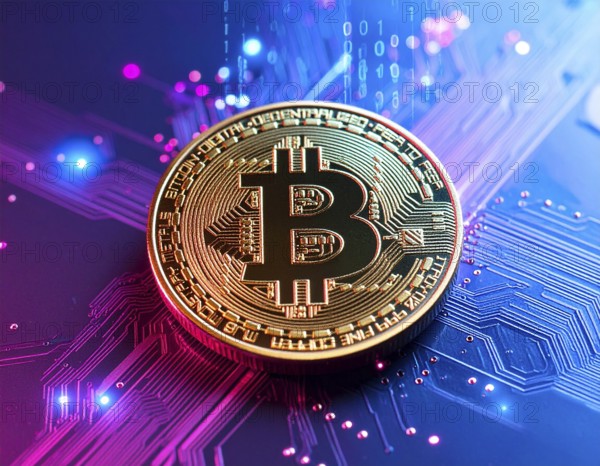 A futuristic Bitcoin glowing coin concept image, representing cryptocurrency finance, blockchain technology, and digital wealth growth, AI generated