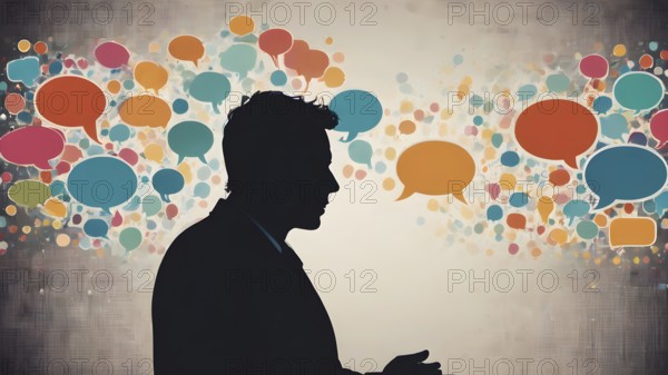 Thinking man silhouette with speech bubble concept, symbolizing dialogue, reflection, creative ideas, learning, and communication, AI generated