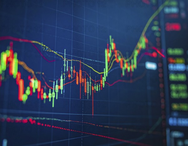 Stock market graph with glowing red and green lines, symbolizing investment strategies, financial trading, and economic growth, AI generated