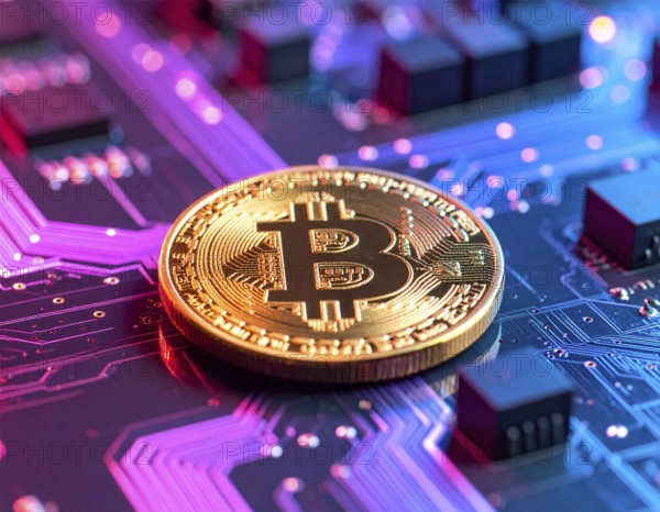 A futuristic Bitcoin glowing coin concept image, representing cryptocurrency finance, blockchain technology, and digital wealth growth, AI generated