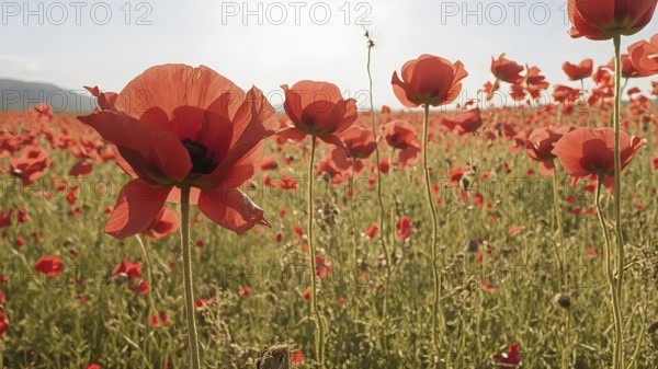 Poppy field wall art print featuring a blooming landscape, celebrating natural beauty, harmony, and vibrant floral elegance, AI generated