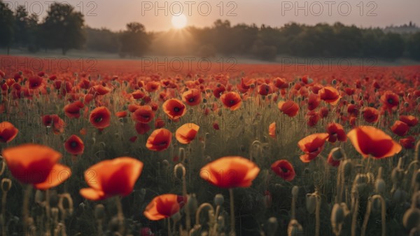 Poppy field wall art print featuring a blooming landscape, celebrating natural beauty, harmony, and vibrant floral elegance, AI generated