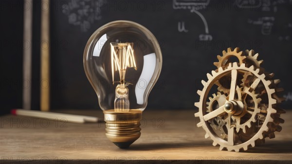 Light bulb with gears concept poster symbolizing creativity, invention, innovation, mechanical design, and bright visionary ideas, AI generated