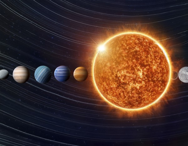 A solar system concept image displaying planets aligned in orbit, symbolizing astronomy, cosmic harmony, and universal beauty, AI generated
