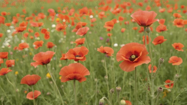 Poppy field wall art print featuring a blooming landscape, celebrating natural beauty, harmony, and vibrant floral elegance, AI generated