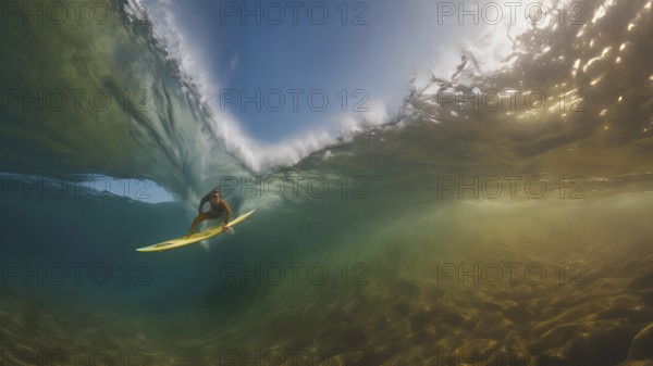 Surfer walking with a surf board in his hand. AI generated image, ai