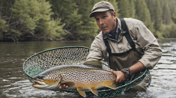 Fisherman on the river bank. Man fisherman catches a fish, AI generated