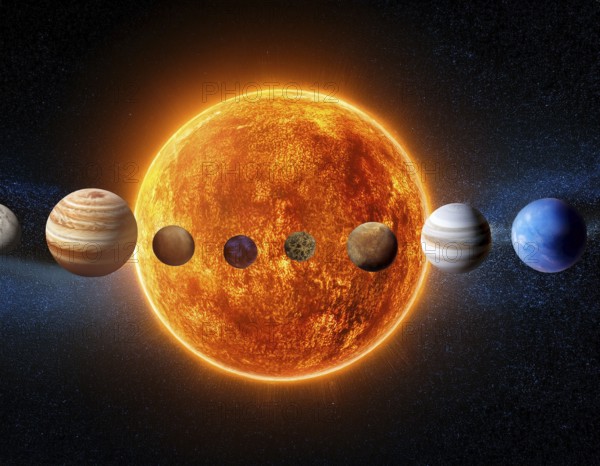 A solar system concept image displaying planets aligned in orbit, symbolizing astronomy, cosmic harmony, and universal beauty, AI generated
