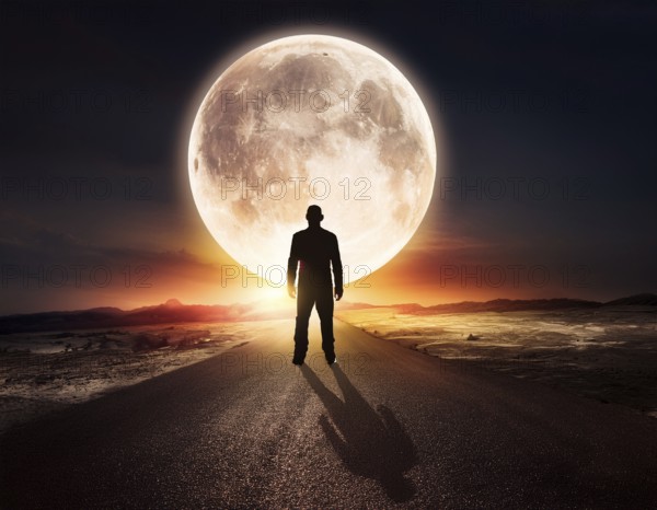 Man silhouette with giant glowing moon in night sky, symbolizing reflection, cosmic mystery, and spiritual inspiration, AI generated