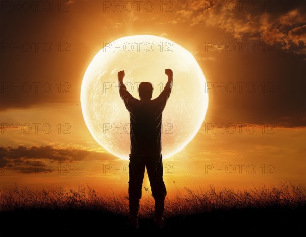 Man silhouette against giant glowing sun symbolizing inspiration, destiny, reflection, cosmic power, and natural wonder, AI generated