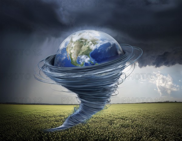 Tornado concept image showing powerful funnel cloud, symbolizing destructive natural forces, extreme weather, and atmospheric danger, AI generated
