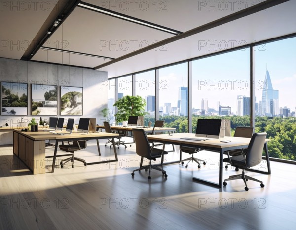 Modern coworking space with laptops, coffee cups, and plants in daylight, reflecting creativity, teamwork, and productivity, AI generated