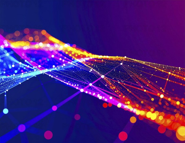 Abstract technology network wall art with glowing multi-color lines and nodes, futuristic digital background for modern décor, AI generated