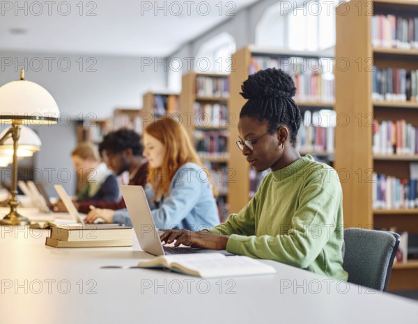 University students studying with open books and laptops, symbolizing education, collaborative learning, academic success, and teamwork, AI generated