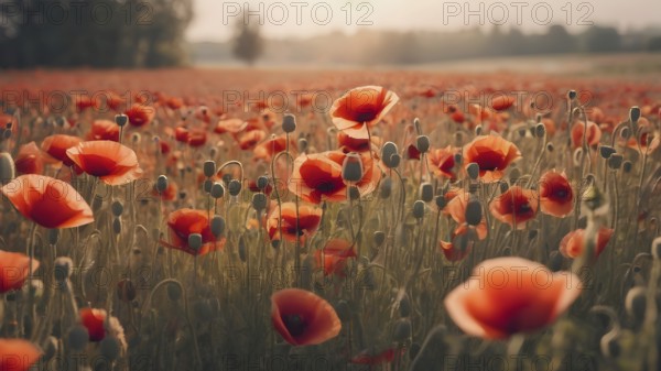 Poppy field wall art print featuring a blooming landscape, celebrating natural beauty, harmony, and vibrant floral elegance, AI generated