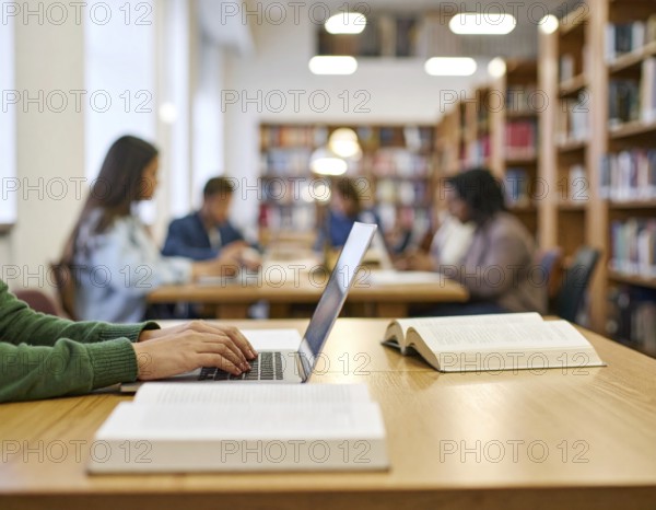 University students studying with open books and laptops, symbolizing education, collaborative learning, academic success, and teamwork, AI generated