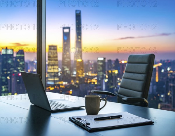 A laptop computer on an office desk, symbolizing modern workspace, remote work, digital technology, and productivity, AI generated