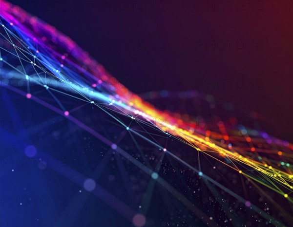 Abstract technology network wall art with glowing multi-color lines and nodes, futuristic digital background for modern décor, AI generated