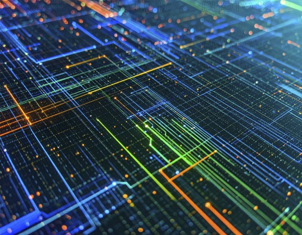 Abstract cyber grid wall art design with glowing digital lines, futuristic network visualization, and neon-inspired technology patterns, AI generated