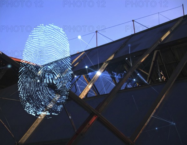 Glowing digital fingerprint wall art symbolizing cybersecurity, identity protection, and futuristic biometric technology on dark tech background, AI generated