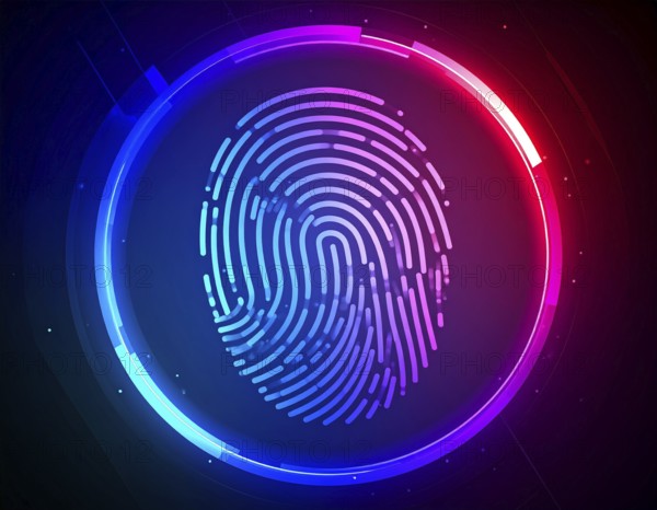Glowing digital fingerprint wall art symbolizing cybersecurity, identity protection, and futuristic biometric technology on dark tech background, AI generated