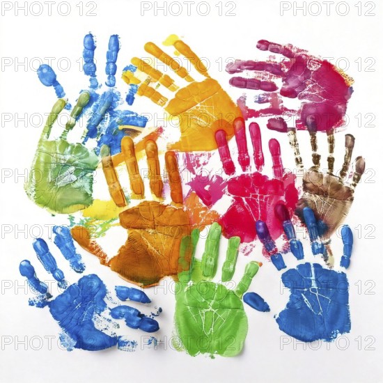 Vibrant multicolored handprints on white background, symbolizing creativity, playful expression, imagination, and artistic colorful design, AI generated