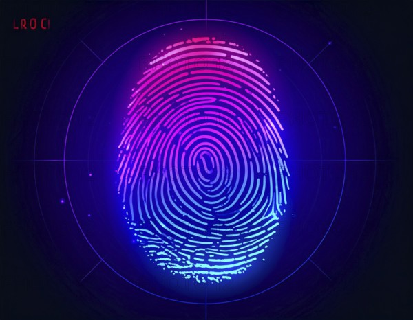 Glowing digital fingerprint wall art symbolizing cybersecurity, identity protection, and futuristic biometric technology on dark tech background, AI generated