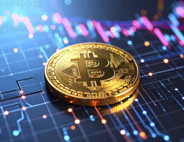 A futuristic Bitcoin glowing coin concept image, representing cryptocurrency finance, blockchain technology, and digital wealth growth, AI generated