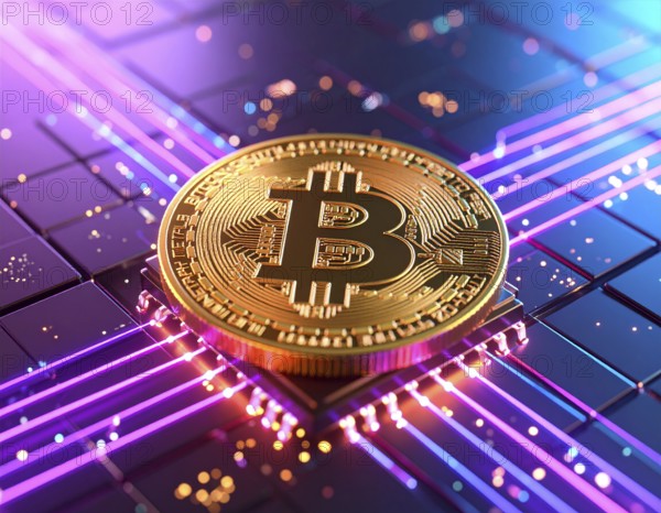 A futuristic Bitcoin glowing coin concept image, representing cryptocurrency finance, blockchain technology, and digital wealth growth, AI generated