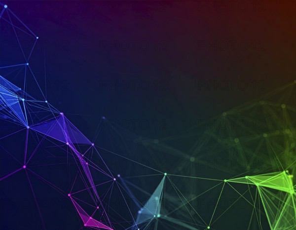 Abstract technology network wall art with glowing multi-color lines and nodes, futuristic digital background for modern décor, AI generated