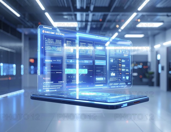 Futuristic AI chatbot hologram floating, symbolizing digital communication, smart assistance, and innovative technology, AI generated