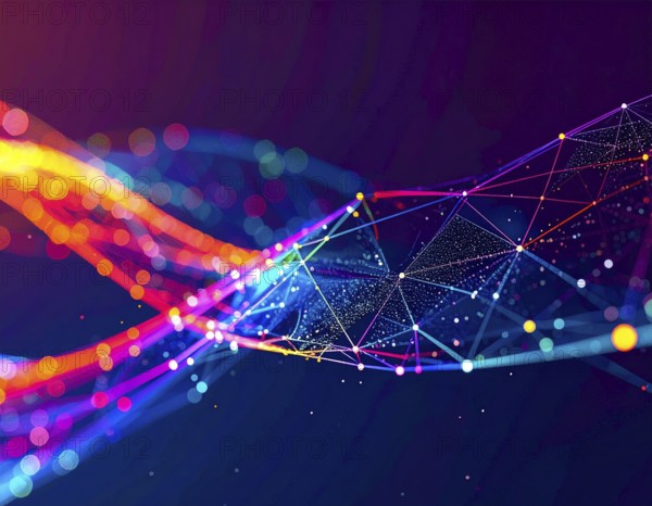 Abstract technology network wall art with glowing multi-color lines and nodes, futuristic digital background for modern décor, AI generated