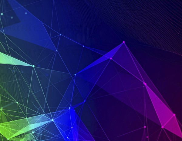 Abstract technology network wall art with glowing multi-color lines and nodes, futuristic digital background for modern décor, AI generated