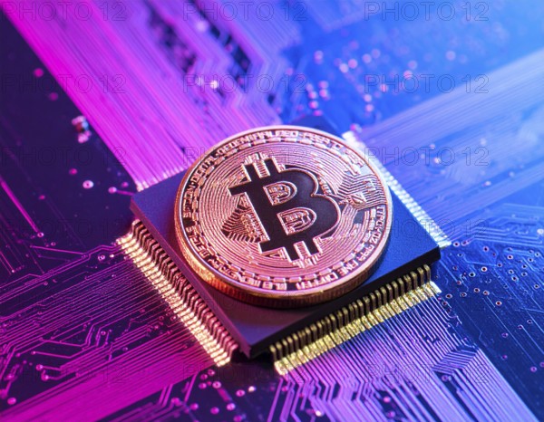 A futuristic Bitcoin glowing coin concept image, representing cryptocurrency finance, blockchain technology, and digital wealth growth, AI generated
