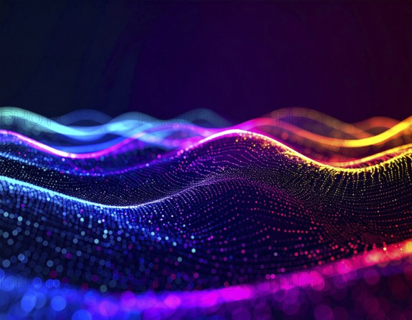 Abstract technology network wall art with glowing multi-color lines and nodes, futuristic digital background for modern décor, AI generated