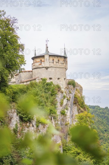 Fairytale castle with towers on a rock above lush vegetation, Lichtenstein Castle, Lichtenstein, Swabian Alb, Germany