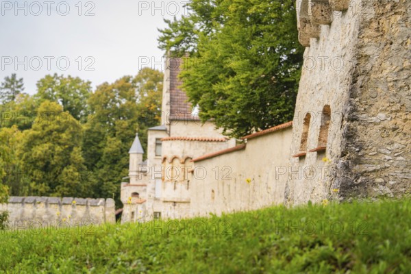 Medieval castle walls and towers surrounded by trees, Lichtenstein Castle, Lichtenstein, Swabian Alb, Germany