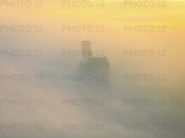 Castle shrouded in mist in the soft light of a sunrise, Lichtenstein Castle, Lichtenstein, Swabian Alb, Germany