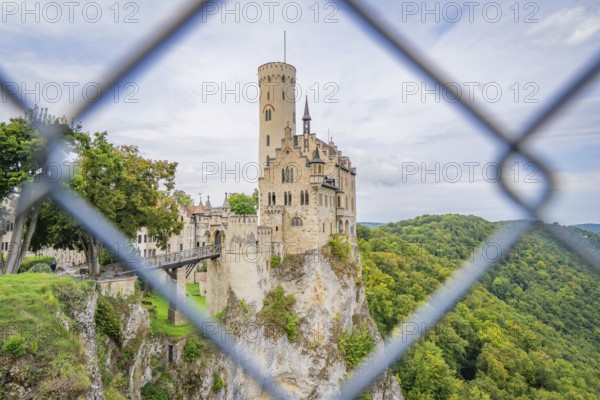 Castle on a hill, framed by green forest and viewed through a lattice, Lichtenstein Castle, Lichtenstein, Swabian Alb, Germany