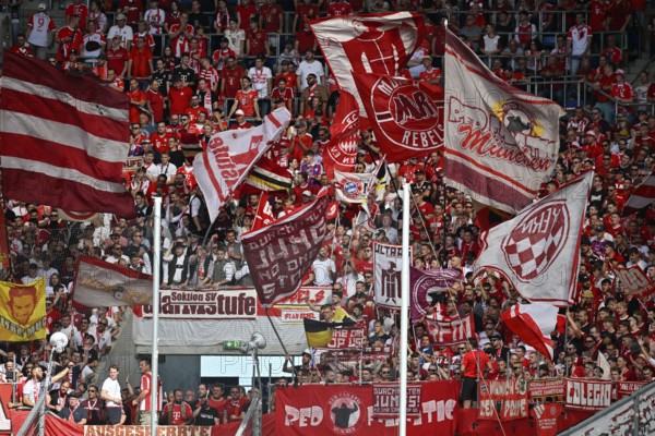 Fan block, fans, fan curve, flags, flags, atmosphere, atmospheric FC Bayern Munich, Bundesliga, PreZero Arena, Sinsheim, Baden-Württemberg, Germany