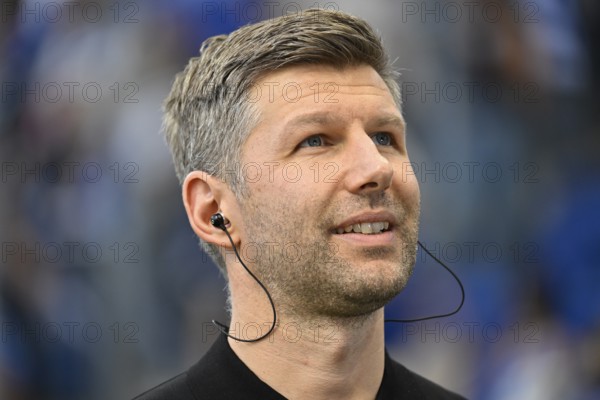 TV pundit Thomas Hitzlsperger, portrait smiles, looking up, Bundesliga football, PreZero Arena, Sinsheim, Baden-Württemberg, Germany