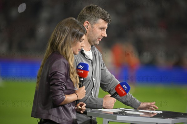 SKY presenter Mara Mones in an interview Microphone Logo with TV expert Thomas Hitzlsperger German Football League, MHPArena, MHP Arena Stuttgart, Baden-Württemberg, Germany