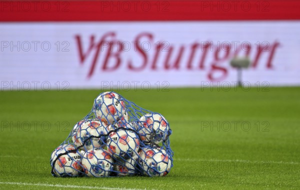 Adidas Derbystar match balls in ball net, perimeter advertising VfB Stuttgart, Bundesliga football, MHPArena, MHP Arena Stuttgart, Baden-Württemberg, Germany